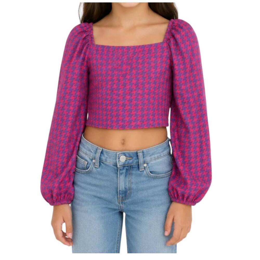 NEW THEME girls tie houndstooth top in pink